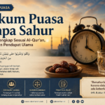 Ilustrasi hukum puasa tanpa sahur dengan jam, kurma, segelas air, dan lentera saat fajar.