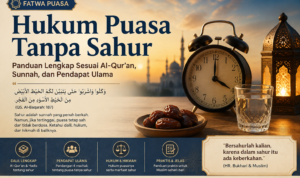 Ilustrasi hukum puasa tanpa sahur dengan jam, kurma, segelas air, dan lentera saat fajar.