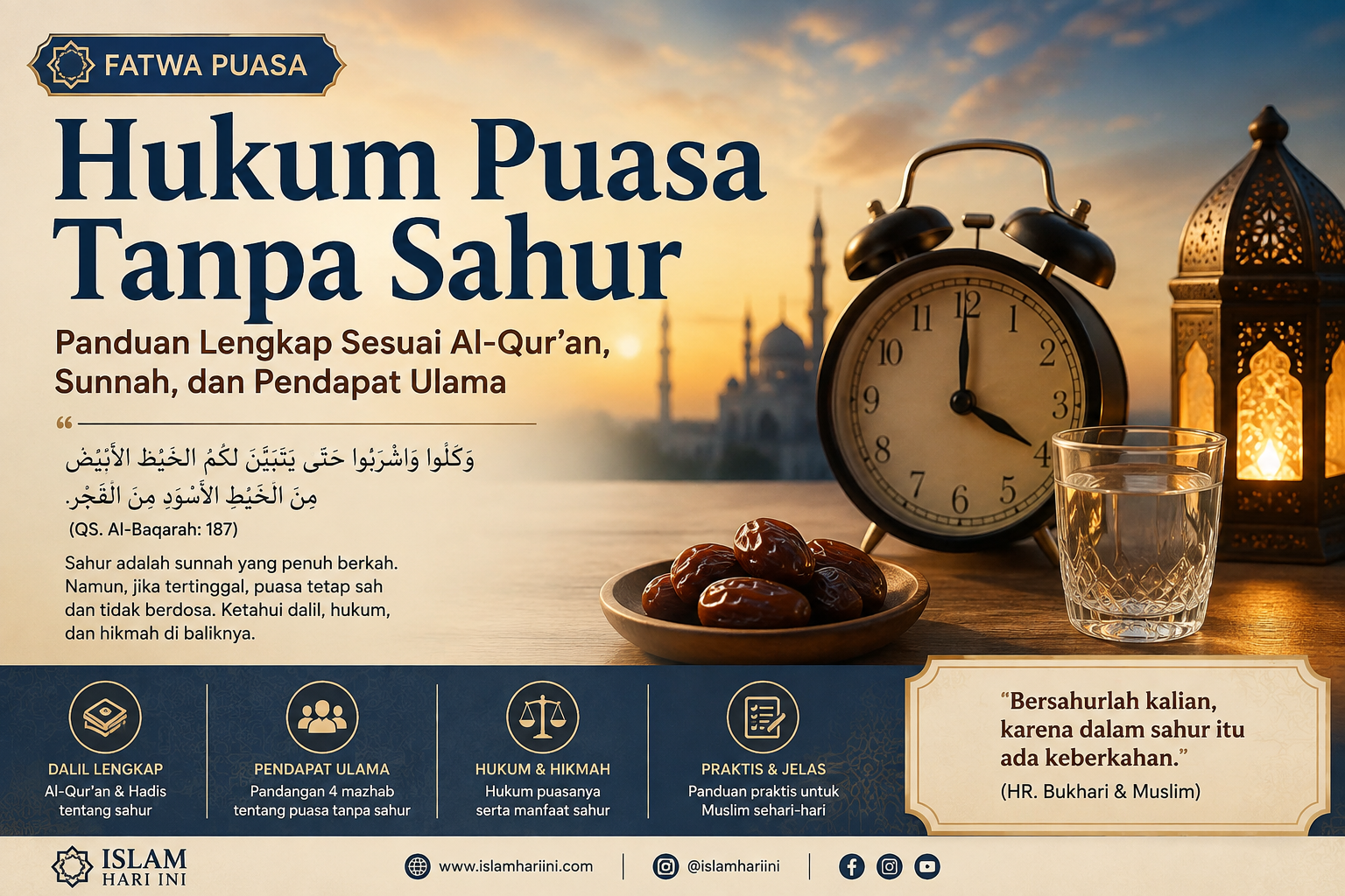 Ilustrasi hukum puasa tanpa sahur dengan jam, kurma, segelas air, dan lentera saat fajar.
